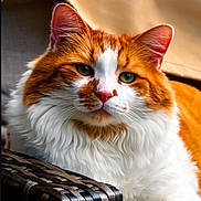 Bosch is registered to the contest to win money with this photo: animal, cat, close_up, cute, domestic_animal, face, feline, fluffy, fur, green_eyes, indoor, orange_and_white, pet, pink_nose, portrait, relaxed, resting, soft_light, whiskers, woven_chair