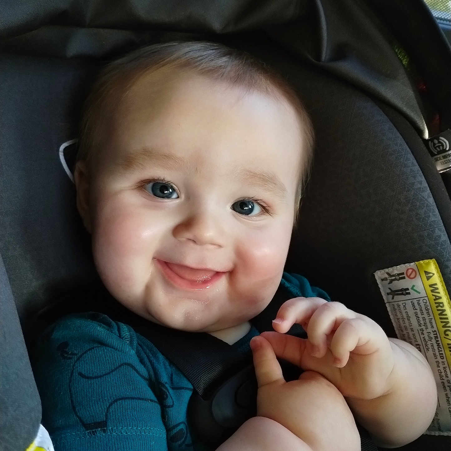 Julian is registered to the contest to win money with this photo: baby, bodypart, car, car_interior, carseat, cushion, face, finger, hand, happy, head, homedecor, laughing, person, photography, portrait, smile, stroller, transportation, vehicle