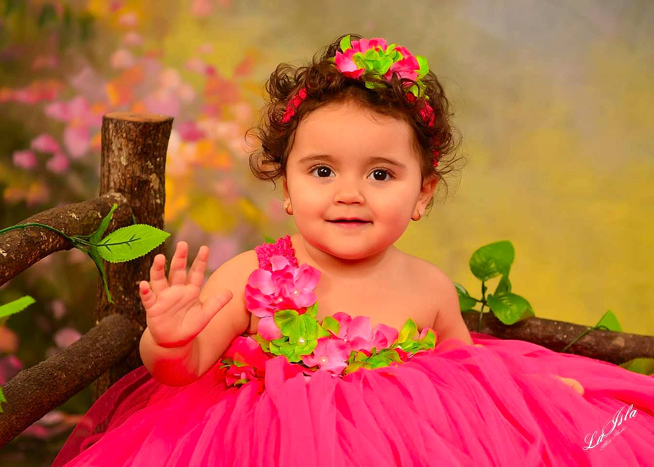 Alexandra is registered to the contest to win money with this photo: child, child_model, costume, dress, hair_accessory, happy, headpiece, joy, person, photography, pink, plant, portrait, smile, toddler