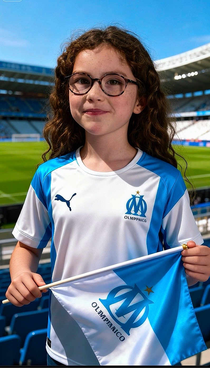 Louna a rejoint le concours — aidez-le/la à gagner de superbes lots ! child, girl, glasses, curly_hair, stadium, flag, sports, soccer, team_jersey, blue_and_white, outdoor, smile, fan, young, happy, daytime, spectator, holding_flag, athletic, event