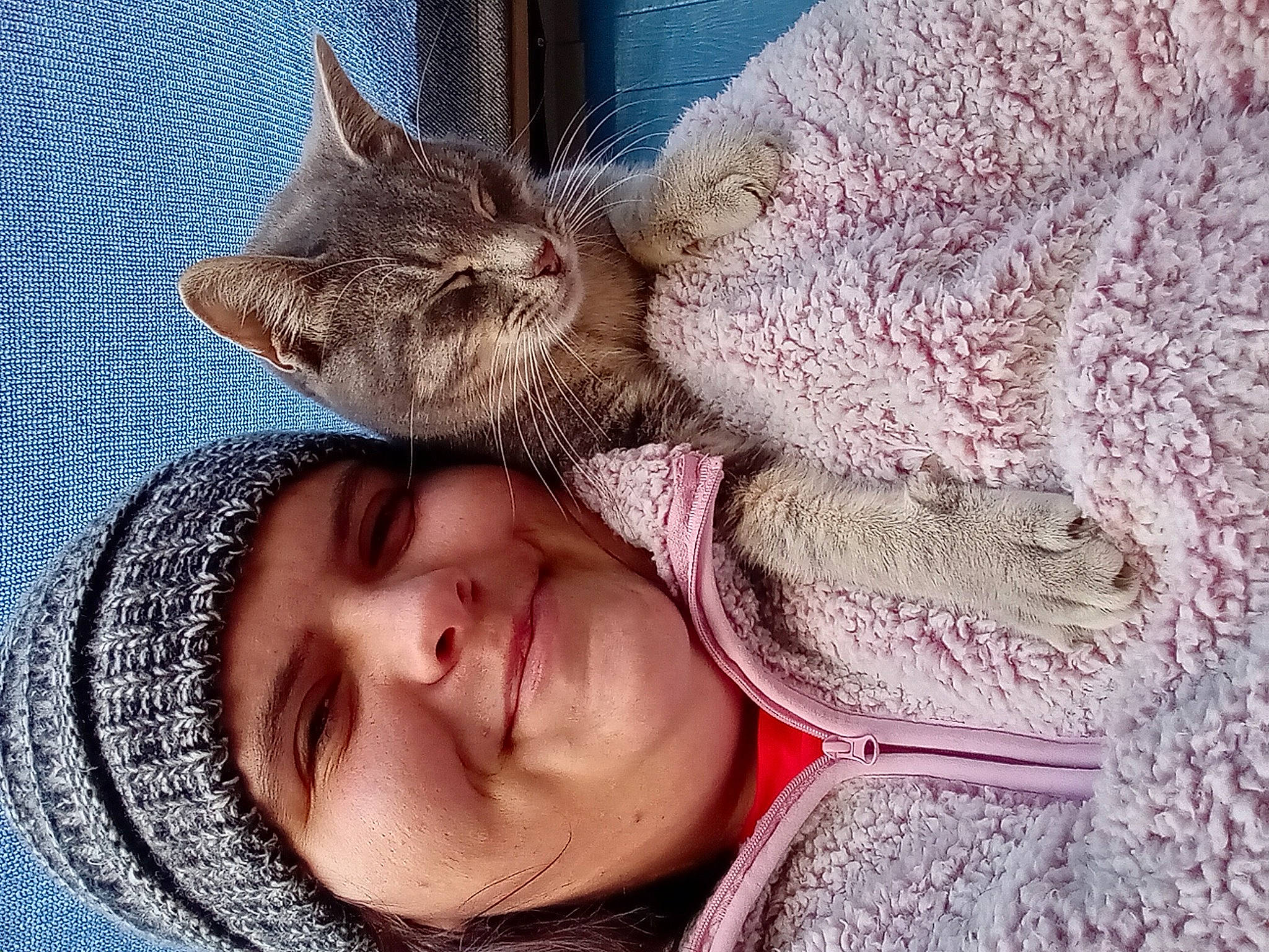 Greysin is registered to the contest to win money with this photo: cat, comfort, eye, fawn, felidae, hand, head, headgear, leg, linens, pattern, plant, selfie, skin, small_to_medium_sized_cats, textile, tree, vertebrate, whiskers, wool