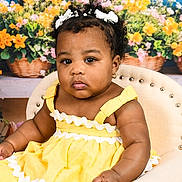 Alora is registered to the contest to win money with this photo: baby, child, toddler, yellow_dress, curly_hair, hair_bows, earrings, chair, indoor, portrait, flower_basket, background, colorful, cute, studio_photography, smiling, skin, person, fashion, decor