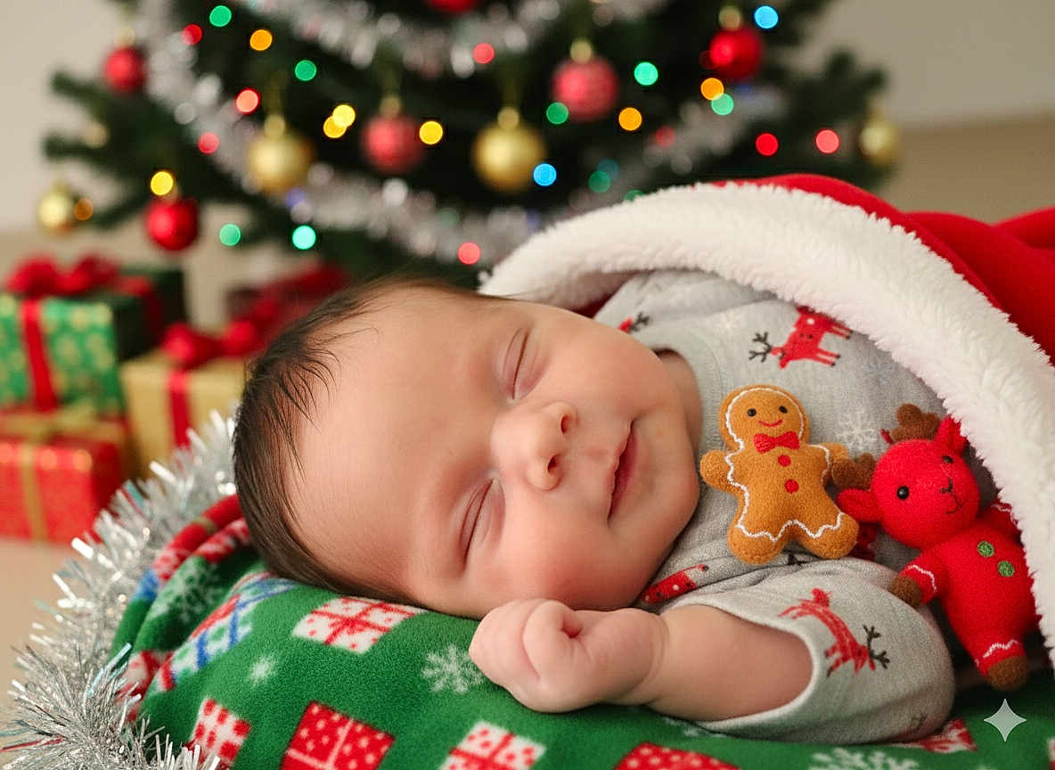 Aria is registered to the contest to win money with this photo: baby, sleeping, christmas_tree, holiday, presents, blanket, santa_hat, toy, gingerbread_man, reindeer_toy, festive, cozy, infant, smiling, cute, indoors, celebration, decorations, christmas_lights, soft