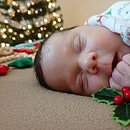 Aria is registered to the contest to win money with this photo: baby, sleeping, blanket, christmas_tree, holiday, festive, decorations, pacifier, infant, cute, closeup, face, hand, red_berries, green_leaves, soft, indoor, cozy, calm, newborn