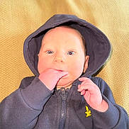 Oscar-Dayne joined the competition — help win amazing prizes! baby, blue_clothing, casual_wear, child, cute, expression, eyes, fabric, face, hand_in_mouth, hoodie, indoor, infant, lying_down, person, portrait, soft_light, texture, yellow_logo, young_child