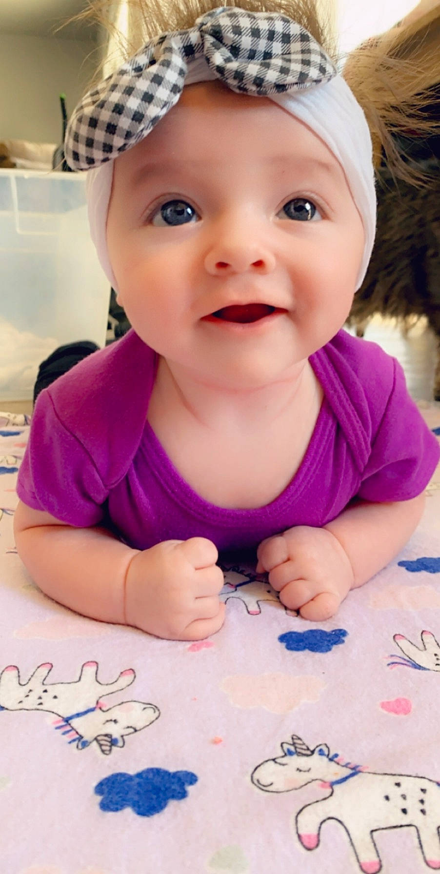 Elora joined the competition — help win amazing prizes! baby, baby_toddler_clothing, cheek, child, eye, eyebrow, face, facial_expression, forehead, head, headgear, headwear, lip, mouth, nose, person, pink, play, purple, skin