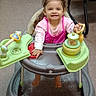 Sarah is registered to the contest to win money with this photo: baby, child, toddler, smiling, happy, portrait, sitting, walker, baby_walker, toy, pink_clothing, curly_hair, indoor, floor, chairs, furniture, playtime, infant, face, barefoot