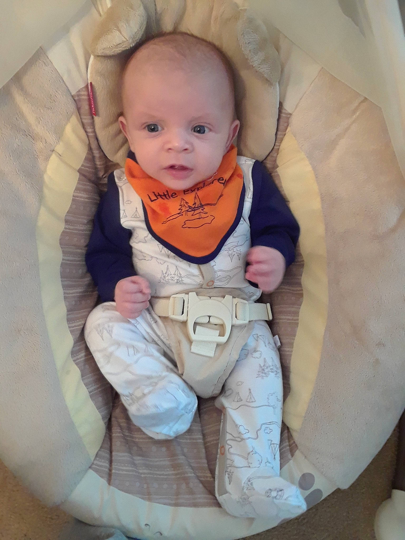 Landon is registered to the contest to win money with this photo: baby_products, child, day, girl, infant, person, product, sitting, skin, smile, textile, toddler