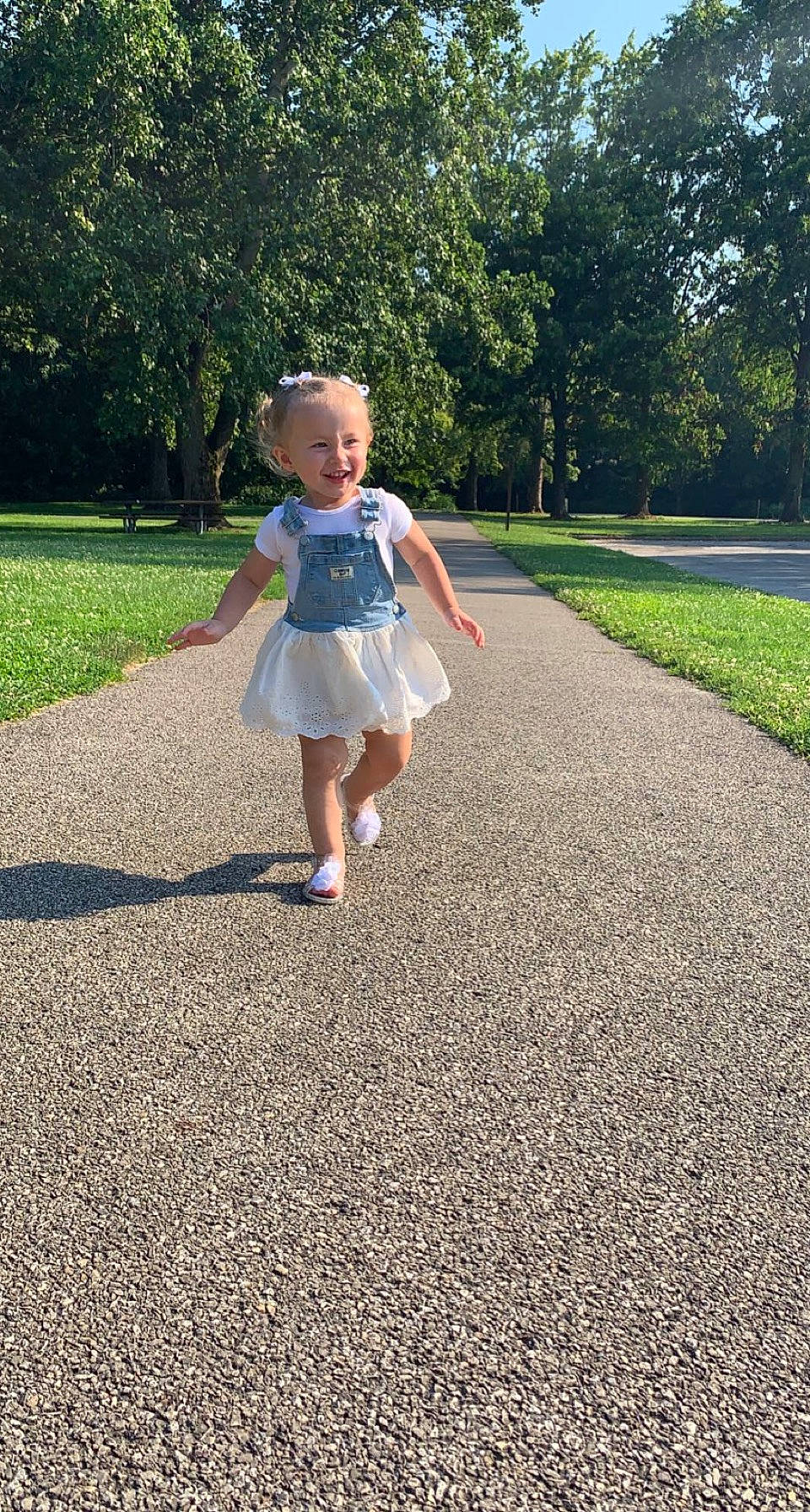 Brooklynn is registered to the contest to win money with this photo: asphalt, dress, flooring, gesture, grass, happy, joy, landscape, lawn, leg, leisure, people_in_nature, person, plant, recreation, road, road_surface, shoe, sidewalk, toddler