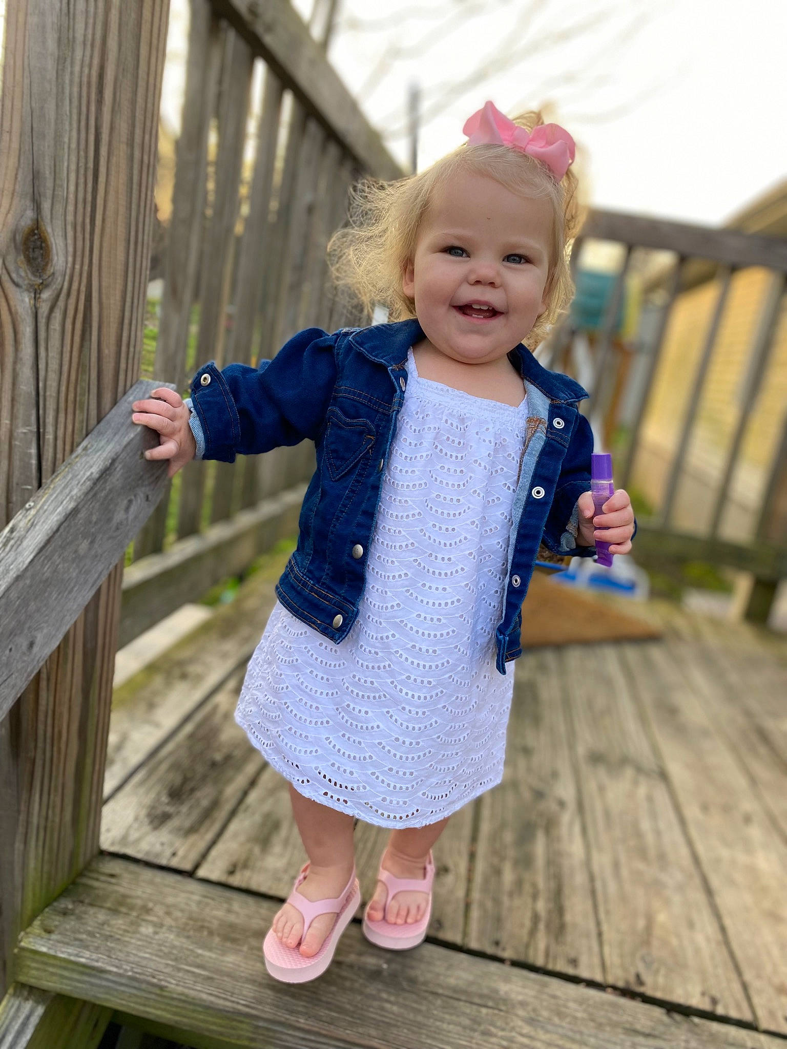 Brinkley joined the competition — help win amazing prizes! baby, baby_toddler_clothing, child, electric_blue, fun, grass, happy, joy, leg, leisure, pattern, person, pink, plant, purple, skin, sleeve, smile, standing, toddler
