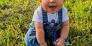 Axel joined the competition — help win amazing prizes! baby, barefoot, child, clothing, cute, denim, face, grass, greenery, happy, infant, nature, outdoor, overalls, person, portrait, sitting, smiling, sunlight, toddler