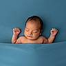baby, newborn, sleeping, blue_blanket, arms_up, peaceful, portrait, infant, soft_lighting, closeup, skin, head, face, quiet, resting, tucked_in, background, blanket, cute, child