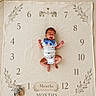 baby, infant, milestone_blanket, months, elephant, bow_tie, onesie, panda_pattern, lying_down, cute, newborn, toy, ring_toy, beige, blanket, numbers, decorative_leaves, indoors, portrait, child