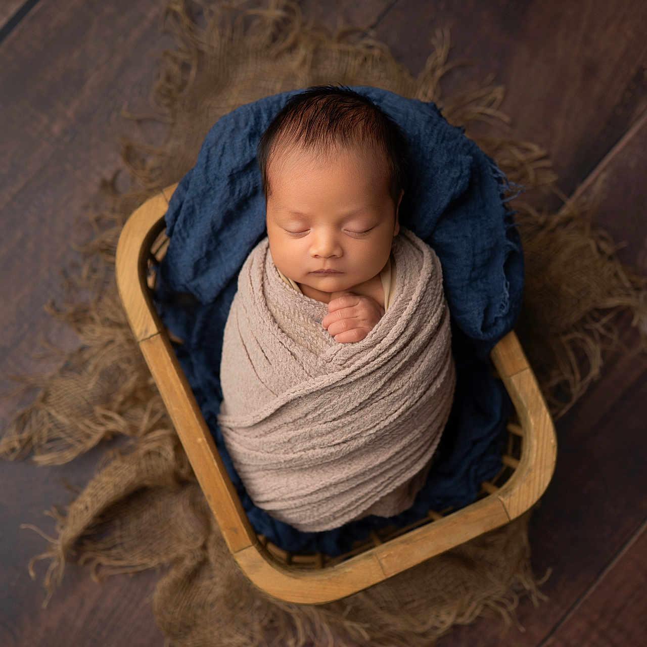Lemon joined the competition — help win amazing prizes! newborn, baby, sleeping, wrapped, blanket, basket, wooden_floor, blue_cloth, burlap, cozy, portrait, infant, peaceful, indoors, soft_texture, cute, resting, closeup, child, head