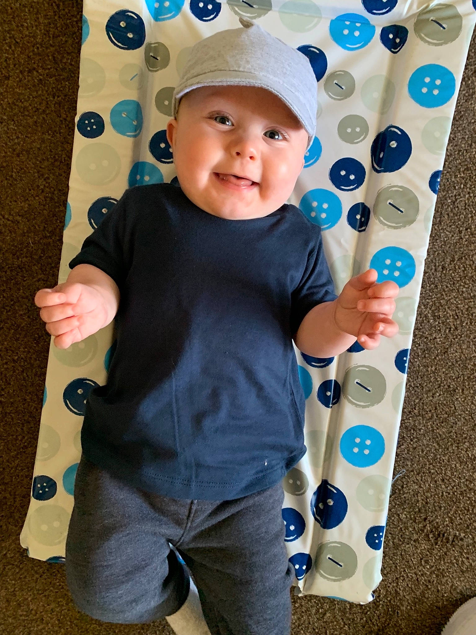 Tommy joined the competition — help win amazing prizes! baby, child, headwear, linens, pattern, person, play, smile, t_shirt, textile, toddler
