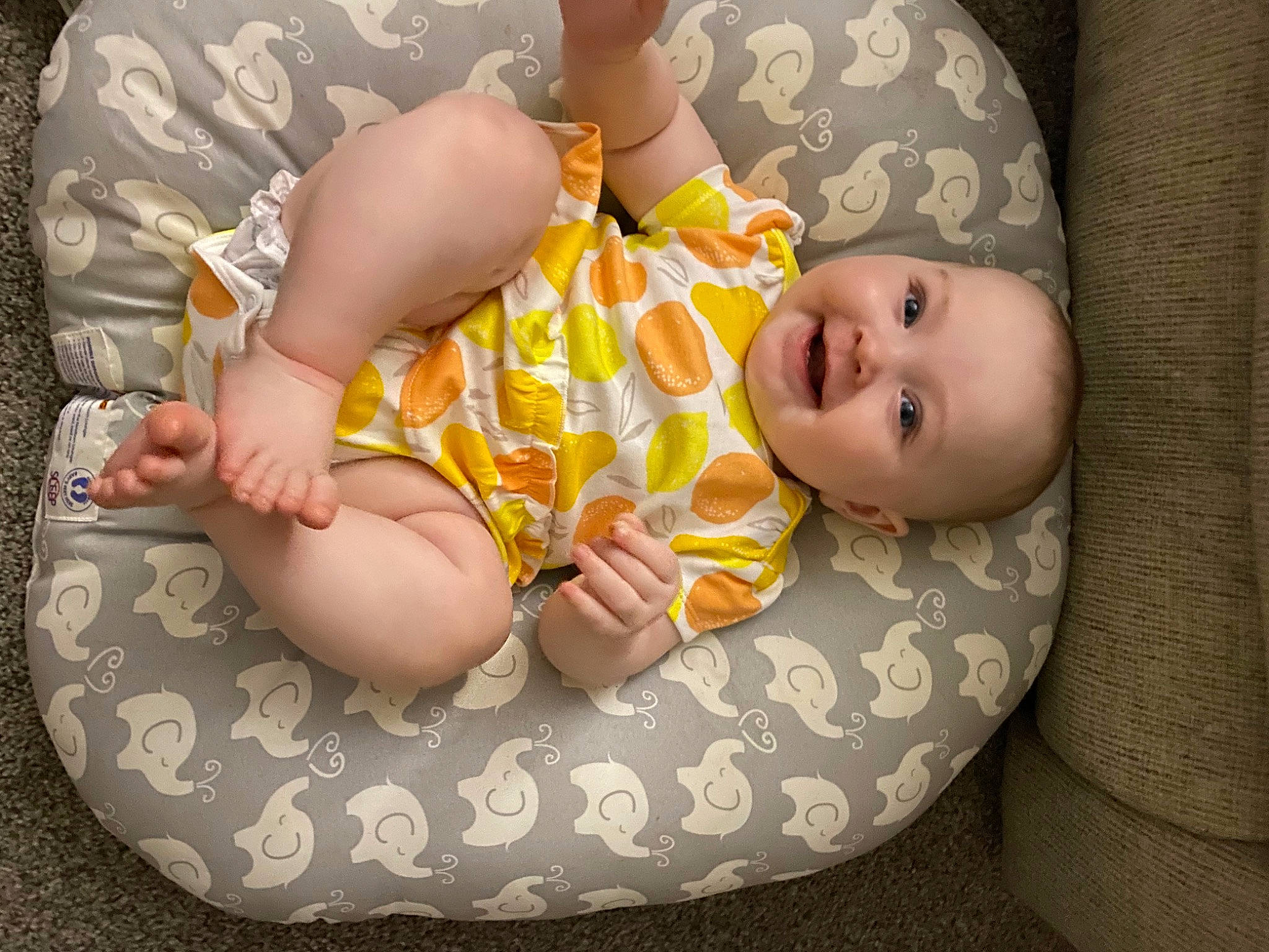Kayleigh joined the competition — help win amazing prizes! baby, baby_products, baby_toddler_clothing, cheek, child, comfort, finger, foot, hand, head, human_leg, joy, nail, pattern, person, room, sitting, skin, smile, stomach