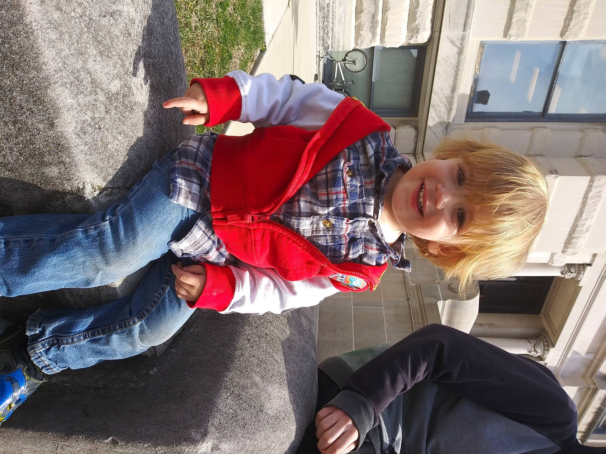 Prestyn joined the competition — help win amazing prizes! boot, carmine, child, clothing, costume, denim, electric_blue, event, fun, human_leg, joy, leg, leisure, person, plant, shoe, sitting, smile, sneakers, street_fashion