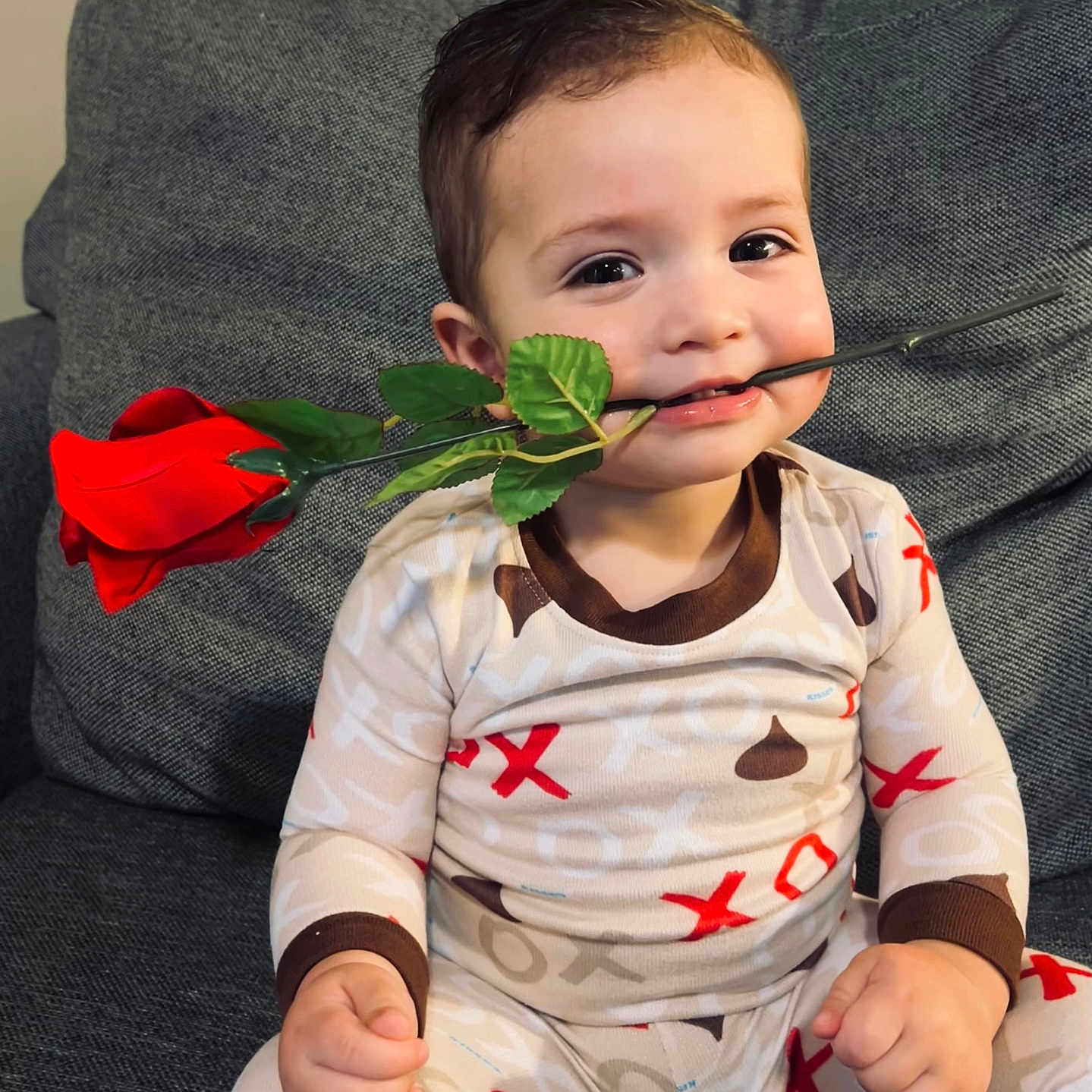 Levu is registered to the contest to win money with this photo: child, couch, cozy, cute, face, green, hand, happy, indoor, leaf, pajamas, patterned_clothing, person, plant, red, rose, sitting, smile, toddler, young_child