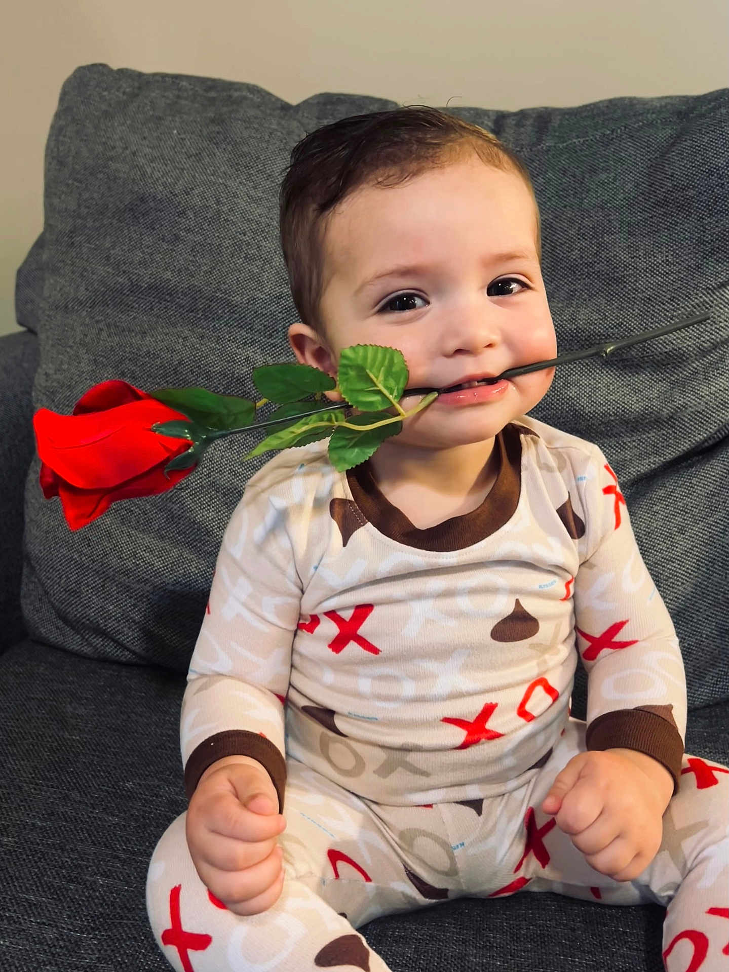 Levu is registered to the contest to win money with this photo: toddler, child, rose, pajamas, smile, face, sitting, couch, indoor, cute, person, leaf, patterned_clothing, happy, young_child, hand, plant, green, red, cozy