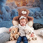 Inaya participe au concours pour gagner de l'argent avec cette photo : toddler, child, teddy_bear, plush_toy, carpet, pillow, winter_theme, snowflake, background, indoor, cute, portrait, seated, blue_jeans, white_bow, soft_texture, decorative_lights, smiling_teddy, cozy, stuffed_animal