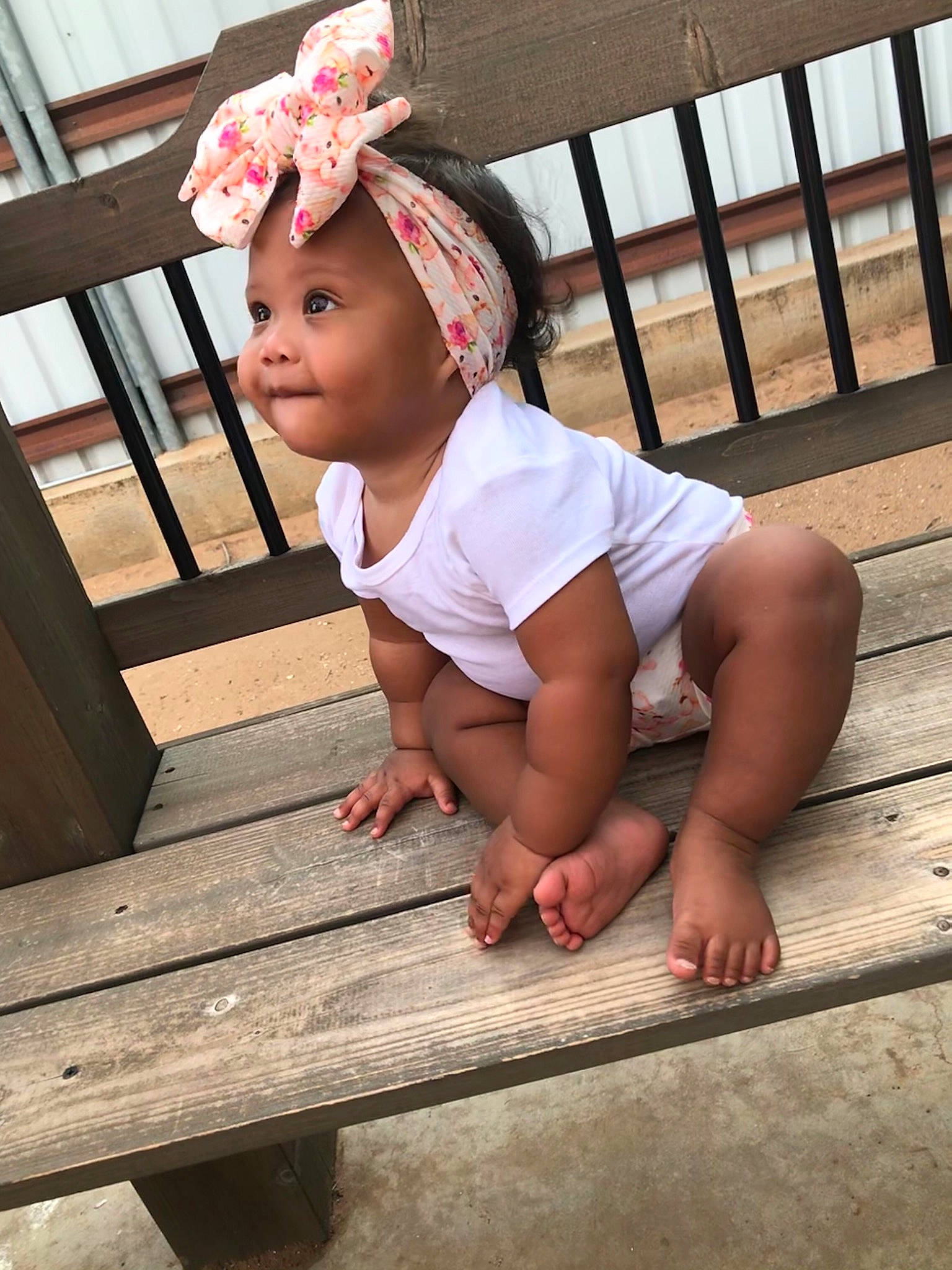 Maddelyn joined the competition — help win amazing prizes! baby, baby_toddler_clothing, barefoot, bonnet, cheek, child, child_model, eye, foot, hair_accessory, headband, headpiece, headwear, mouth, nose, person, pink, sandal, skin, toddler