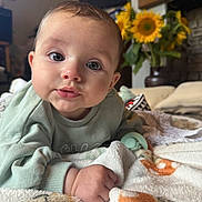 Nora is registered to the contest to win money with this photo: baby, infant, face, hand, blanket, sweater, indoor, flower, sunflower, living_room, couch, soft_toys, pacifier, cozy, portrait, closeup, child, young, cute, curious