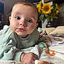 baby, infant, face, hand, blanket, sweater, indoor, flower, sunflower, living_room, couch, soft_toys, pacifier, cozy, portrait, closeup, child, young, cute, curious