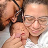 newborn, baby, infant, parents, family, portrait, selfie, sleeping, glasses, smiling, beard, holding, hand, blanket, clothing, closeup, indoors, tender, affection, family_photo