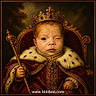 baby, child, infant, portrait, royal, monarch, crown, throne, scepter, robe, fur_trim, red_clothing, ornate, medieval, gilded, palace, seated, winking, dramatic_lighting, watermark