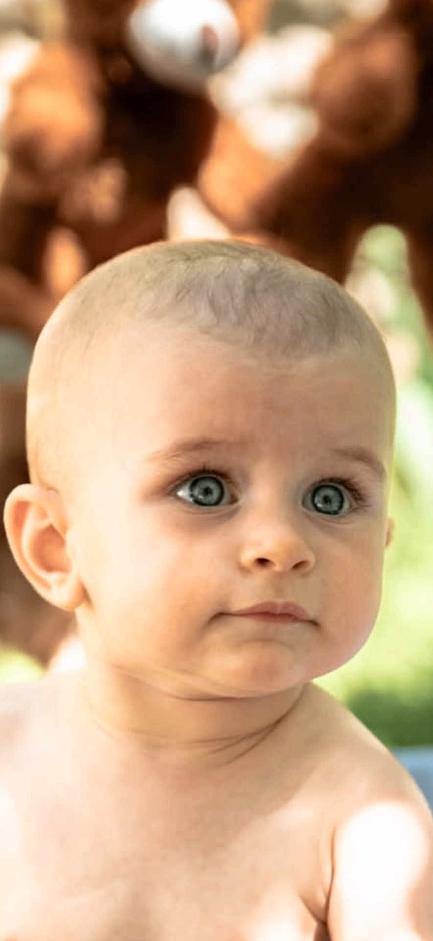 Victoria participe au concours pour gagner de l'argent avec cette photo : baby, child, face, blue_eyes, curious, close_up, portrait, skin, hair, expression, innocent, young, cute, natural_light, outdoor, soft_focus, head, shoulders, person, infant