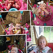 Tia is registered to the contest to win money with this photo: activity_center, baby, carpet, child, couch, cute, furniture, happy, headband, household_items, indoor, infant, mirror, person, pink, playful, smiling, toddler, toy, walker