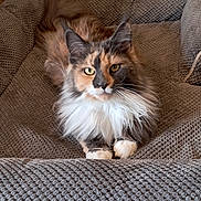 Yuna a rejoint le concours — aidez-le/la à gagner de superbes lots ! cat, fluffy, tri_color, cushion, gray, pet, feline, indoor, relaxed, animal, whiskers, ears, paws, fur, portrait, resting, looking, closeup, domestic, cute