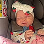 baby, infant, sleeping, headband, strawberry, car_seat, blanket, pink, cute, child, clothing, hand, face, cozy, comfort, newborn, apparel, soft, rest, adorable