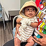 Wave is registered to the contest to win money with this photo: adult_hand, baby, casual, chair, closeup, cute, floor, graphic_tshirt, holding, hood, indoor, infant, mittens, person, seated, skin, socks, striped_clothing, table, wide_eyes
