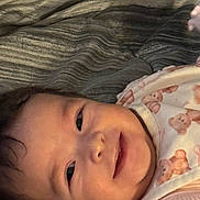 Maryory joined the competition — help win amazing prizes! baby, smiling, face, infant, blanket, bib, teddy_bear_pattern, closeup, child, cute, young, portrait, lying_down, soft_lighting, indoors, warm_colors, happy, baby_clothes, skin, person