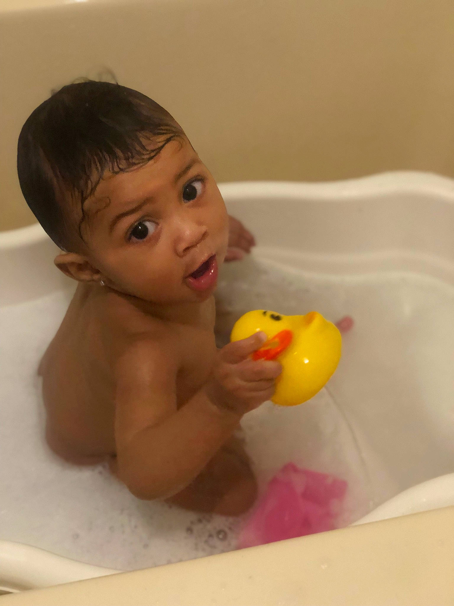 Kayonna joined the competition — help win amazing prizes! baby, baby_bathing, baby_products, bath_toy, bathing, bathroom, bathtub, chest, child, ear, fluid, fun, leisure, person, plumbing, plumbing_fixture, rubber_ducky, skin, surprise, toddler