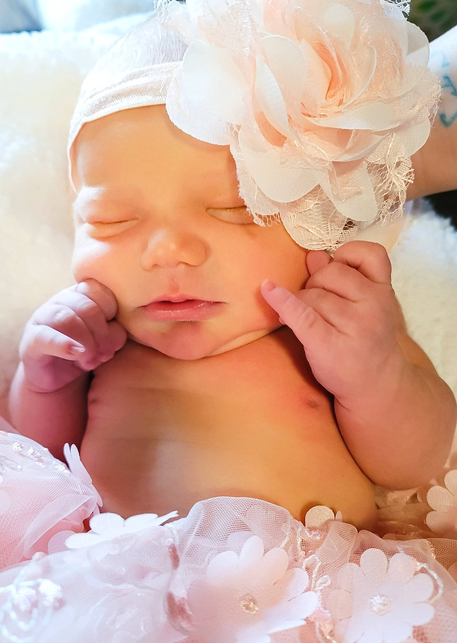 Avyonna joined the competition — help win amazing prizes! baby, baby_toddler_clothing, beauty, cap, child, dress, embellishment, finger, gesture, happy, hat, headgear, headpiece, headwear, nail, person, petal, pink, skin, toddler