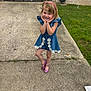 Scarlett joined the competition — help win amazing prizes! backyard, blue_dress, child, concrete, daisies, dog, dress, driveway, fence, garden_hose, girl, grass, happy, headband, outdoor, person, pink_shoes, playful, pose, smiling