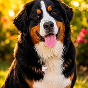 Bell joined the competition — help win amazing prizes! animal, bernese_mountain_dog, black_fur, bokeh, brown_fur, collar, dog, flower, fluffy, grass, happy, nature, outdoor, pet, portrait, smiling, sunlight, tag, tongue_out, white_fur