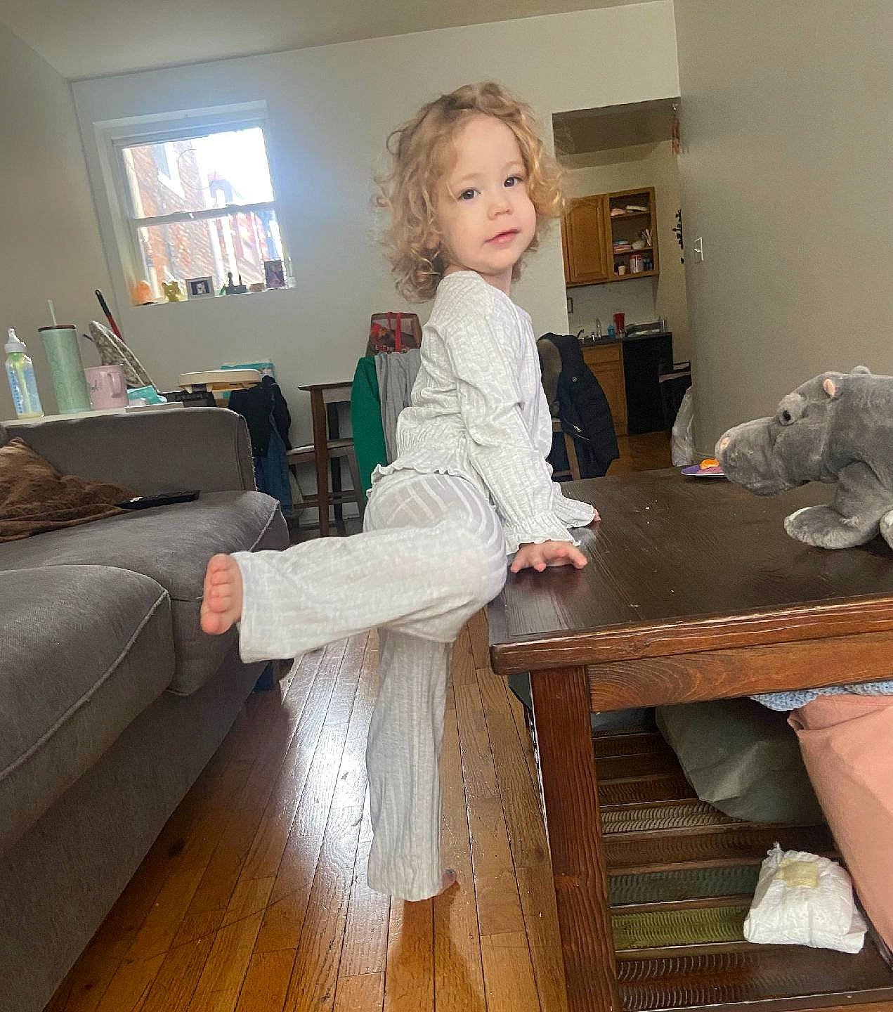 Violet joined the competition — help win amazing prizes! comfort, desk, drawer, fashion_design, floor, flooring, foot, furniture, hardwood, human_leg, knee, person, picture_frame, room, sitting, table, thigh, waist, window, wood