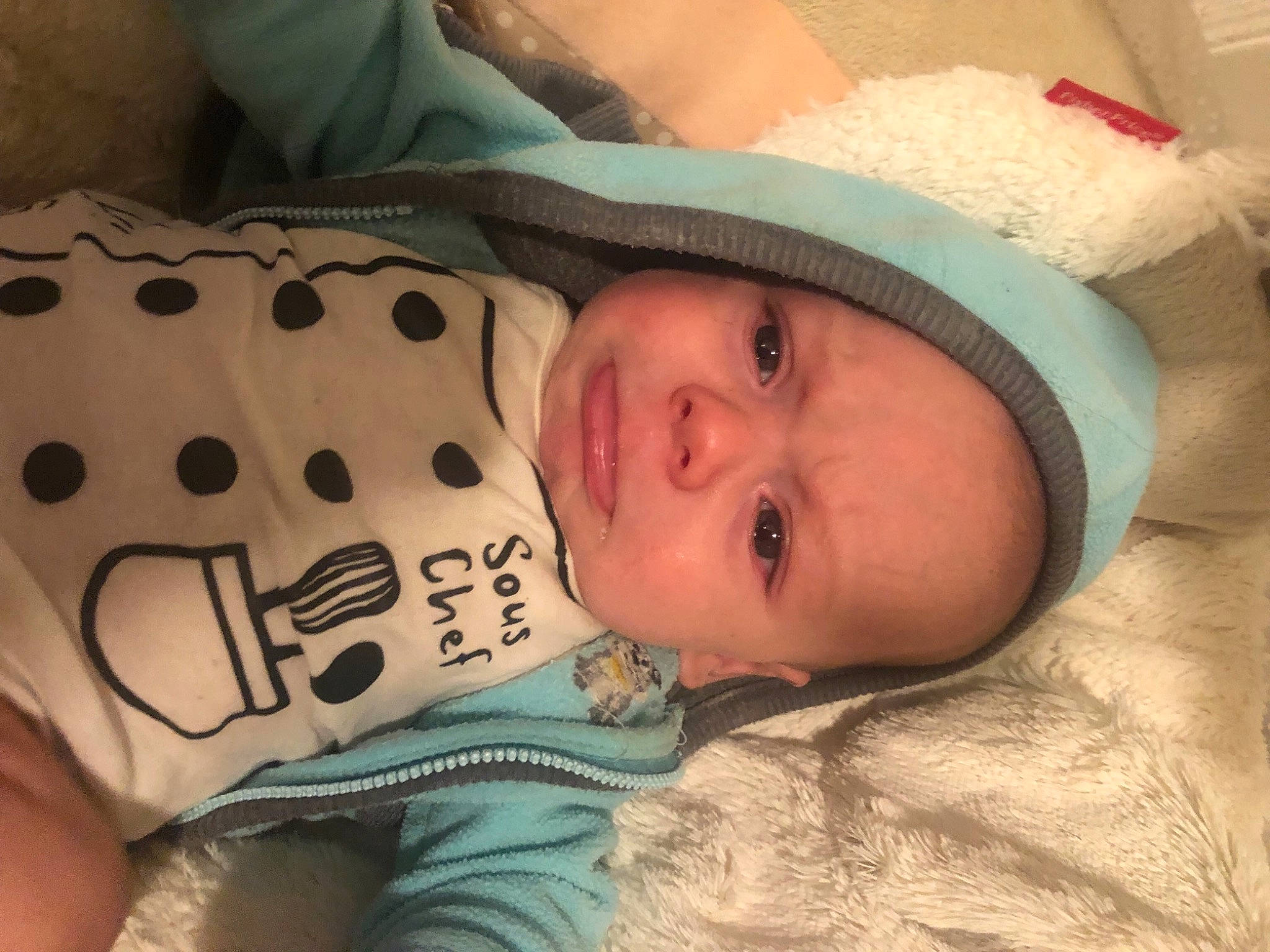 Prescott joined the competition — help win amazing prizes! baby, baby_toddler_clothing, bedtime, cheek, child, comfort, eye, eyebrow, face, finger, fur, head, human_body, linens, nose, pattern, person, room, skin, sleeve