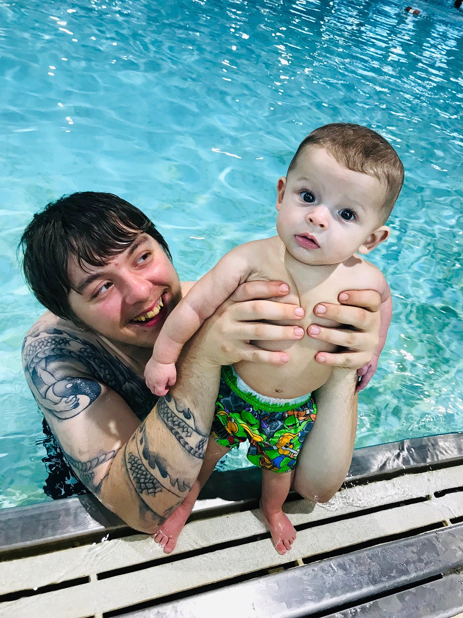 Atreus joined the competition — help win amazing prizes! baby, child, daughter, father, fun, happy, joy, leisure, male, person, play, recreation, smile, summer, swimming, swimming_pool, swimwear, toddler, vacation, water