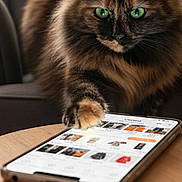 Ninja participe au concours pour gagner de l'argent avec cette photo : cat, tortoiseshell, green_eyes, smartphone, table, paw, curious, indoor, furniture, wooden_table, technology, pet, animal, closeup, focus, cozy, chair, home, device, screen