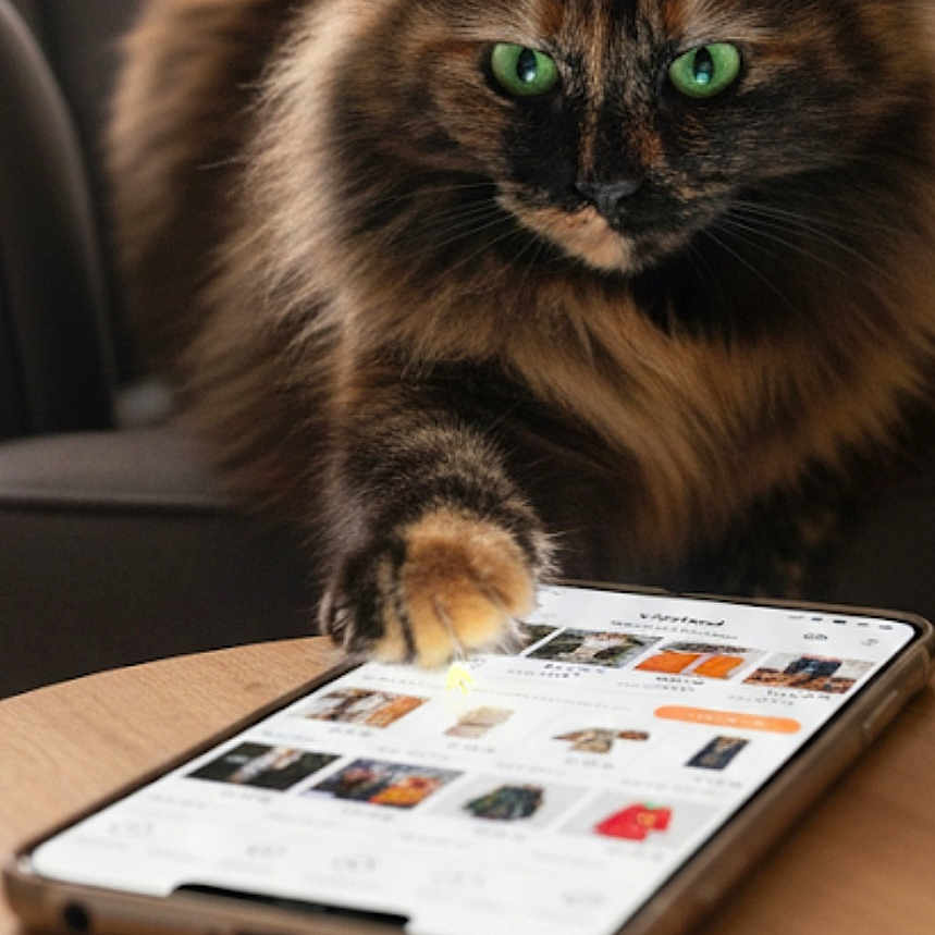 Ninja participe au concours pour gagner de l'argent avec cette photo : cat, tortoiseshell, green_eyes, smartphone, table, paw, curious, indoor, furniture, wooden_table, technology, pet, animal, closeup, focus, cozy, chair, home, device, screen