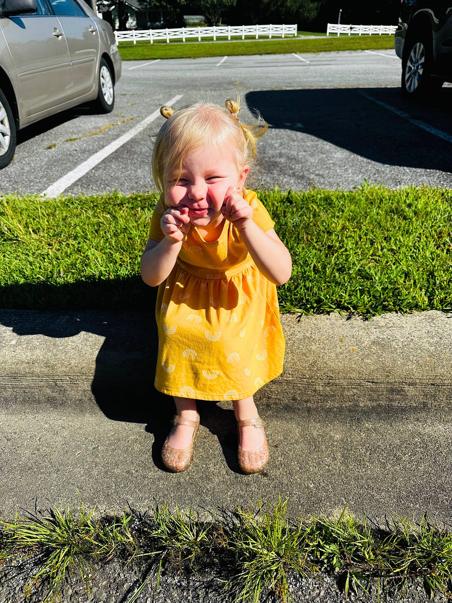 June is registered to the contest to win money with this photo: asphalt, automotive_tire, baby, car, fun, gesture, grass, happy, joy, lawn, leisure, people_in_nature, person, plant, recreation, road_surface, smile, snapshot, tire, toddler