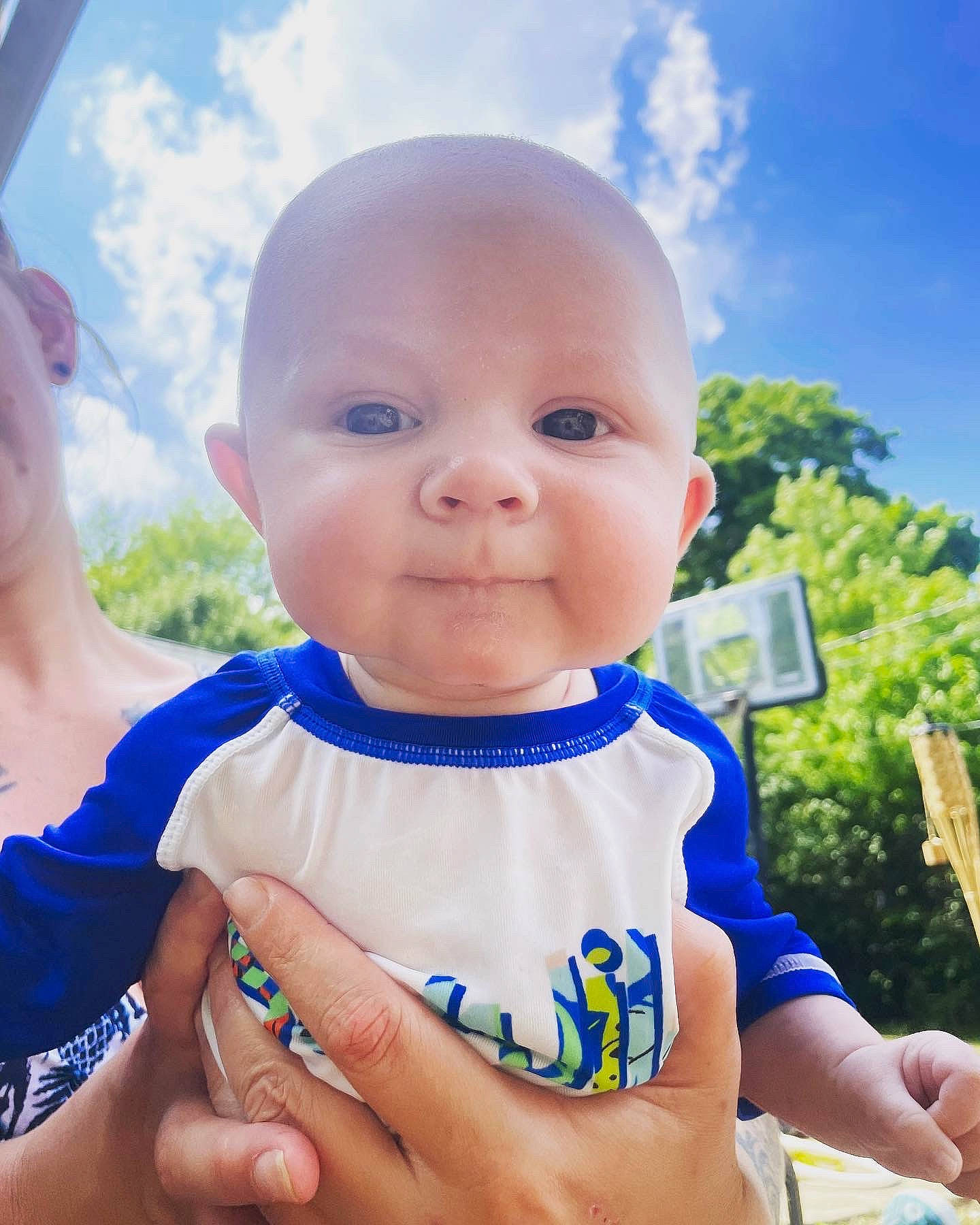 Grayson joined the competition — help win amazing prizes! azure, baby, baby_toddler_clothing, cloud, electric_blue, facial_expression, finger, fun, gesture, grass, happy, iris, leisure, lip, people_in_nature, person, photograph, skin, sky, sunlight