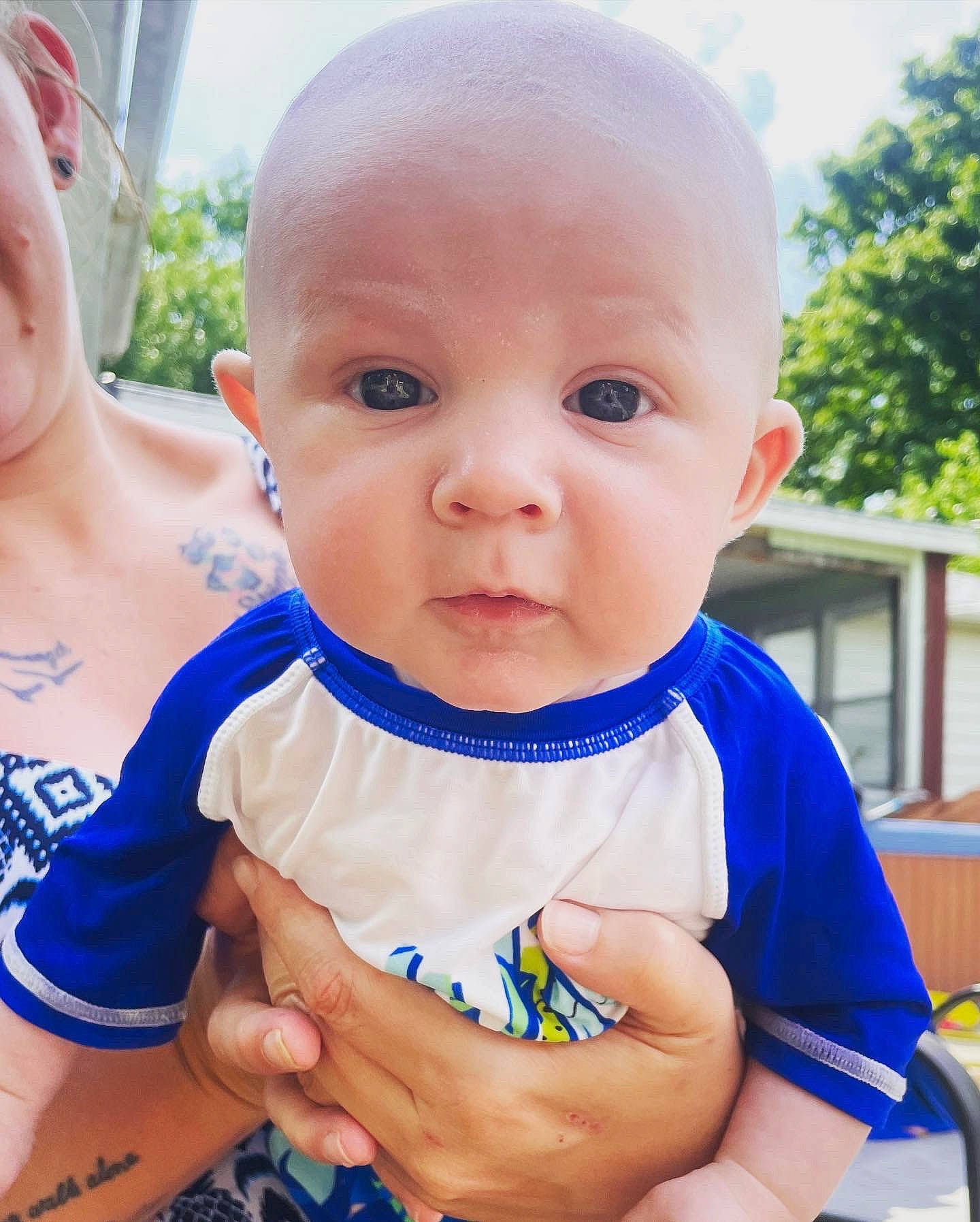 Grayson joined the competition — help win amazing prizes! azure, baby, baby_products, baby_toddler_clothing, chest, child, electric_blue, fun, grass, happy, iris, leisure, person, plant, sitting, skin, summer, t_shirt, toddler, tree