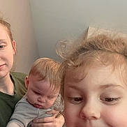 Amelia joined the competition — help win amazing prizes! child, baby, adult, family, indoor, smile, curly_hair, blonde_hair, casual_clothing, person, portrait, hand, face, playing, holding, expression, closeup, candid, parent, home