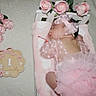 baby, infant, sleeping, pink, tutu, headband, flowers, roses, blanket, bed, wooden_sign, one_month, cute, soft, newborn, child, resting, decor, portrait, adorable