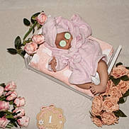 Lyanna Rose is registered to the contest to win money with this photo: baby, pink_robe, bed, roses, flowers, cucumber_slices, face, infant, celebration, milestone, soft_texture, blanket, skin, cute, newborn, lying_down, decor, floral, relaxation, indoors